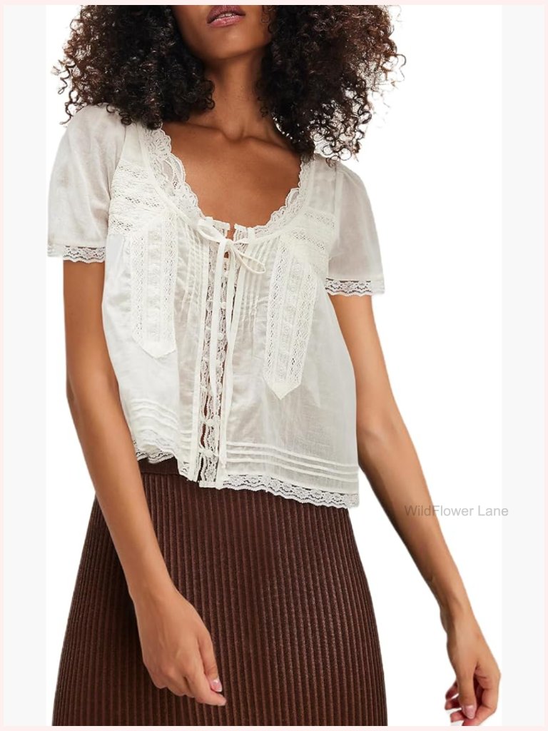 Lace Button Up Short Sleeve Sheer Ruffle Blouse Y2k Going Out Top
